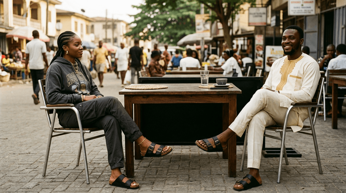 Two friends at a street café in cork sandals