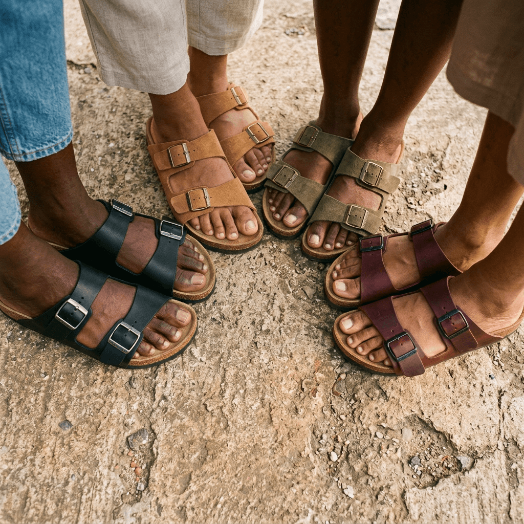 Feet in LP sandals in four colours
