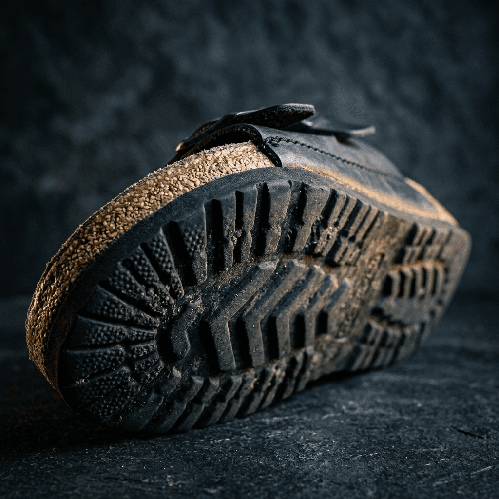 Rubber sole and cork midsole close-up
