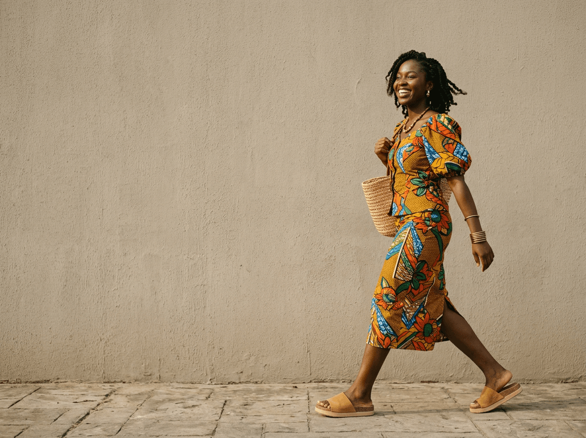 Model in festive Ankara wear wearing LP slides